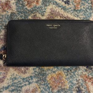 kate spade Black Saffiano Zip Wallet with Gold Logo